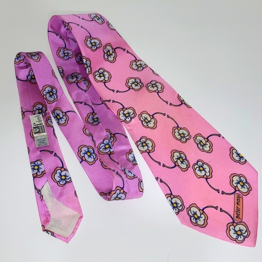 Peter Max Silk Tie Pink Floral Print Signed Pop Art Rare Vintage Collectible